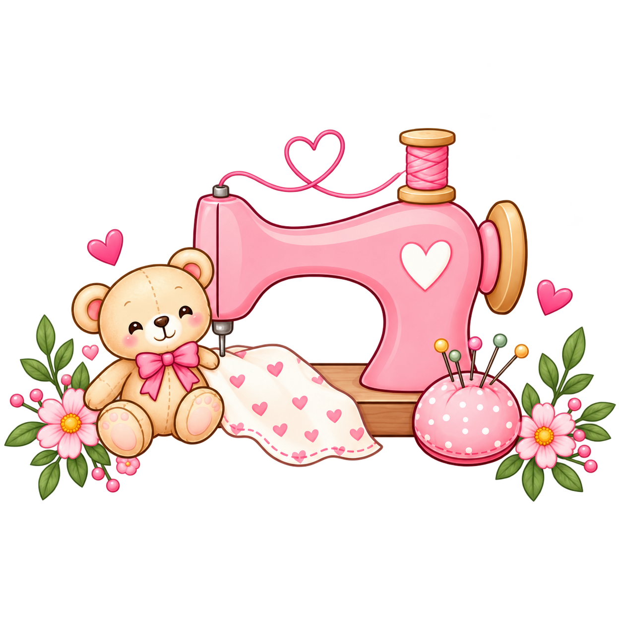 Ilustração completa de máquina de costura rosa, ursinho, tecido e flores